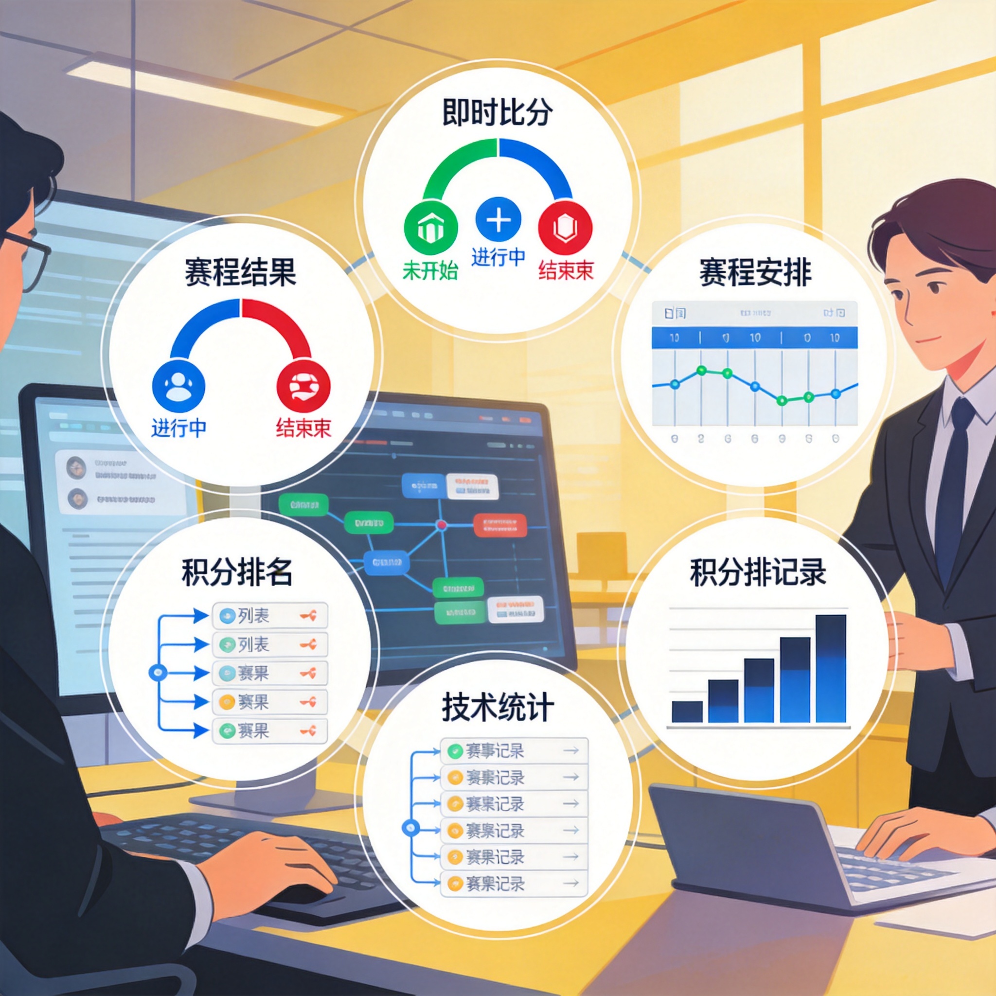 数据维度示意图：即时比分、赛程安排、比赛结果、积分排名、技术统计、交锋记录六个方向并列展示