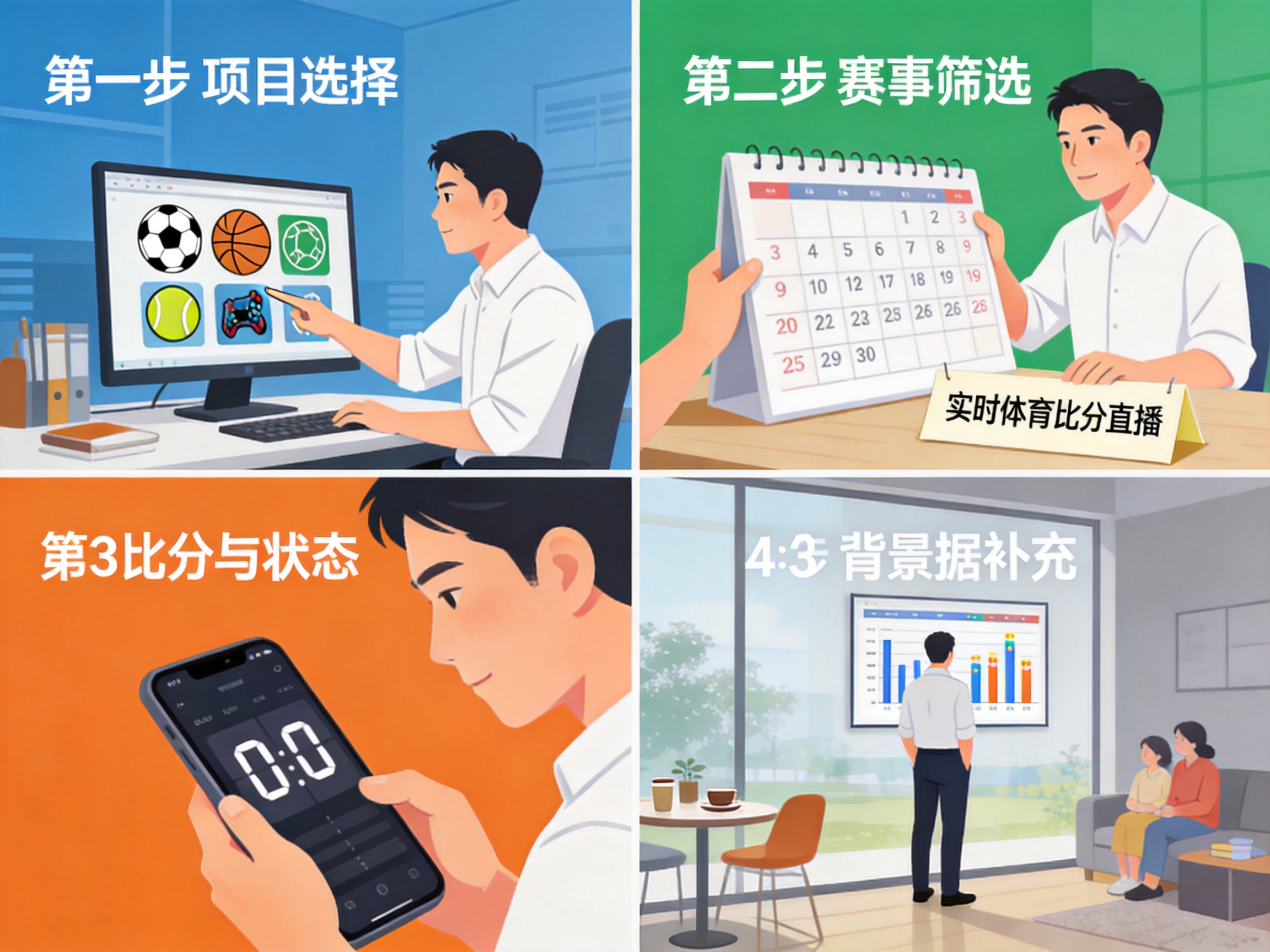查询流程示意图：从项目选择、赛事筛选、比分查看到背景数据补充的四步操作路径